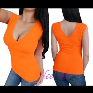 Sexy vneck orange sleeveless solid fitted top